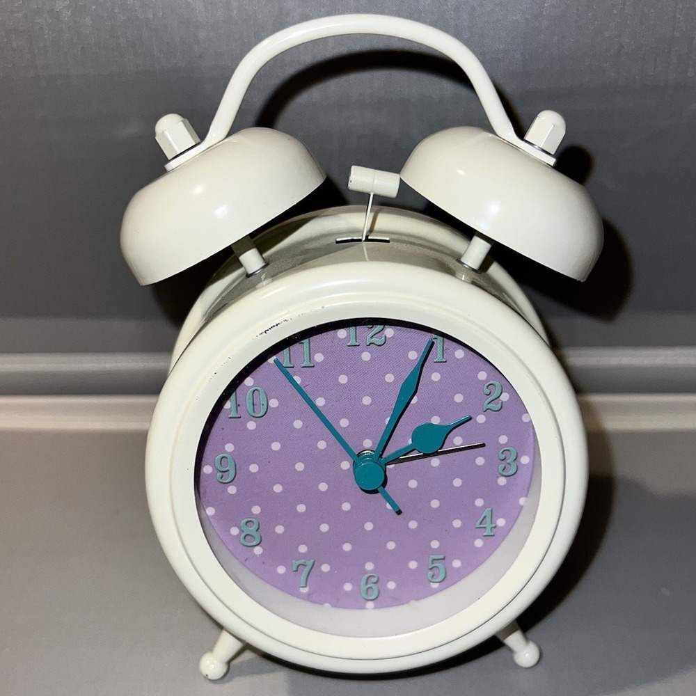 Pottery Barn Kids Cream Stand Twin Bell Clock Alarm Battery Operated Purple Face